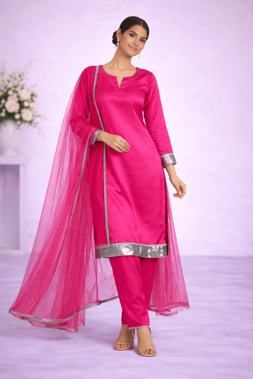 Rose Jewel – 3-Piece Stitched Silk Suit with Silver Metallic Trim view 4