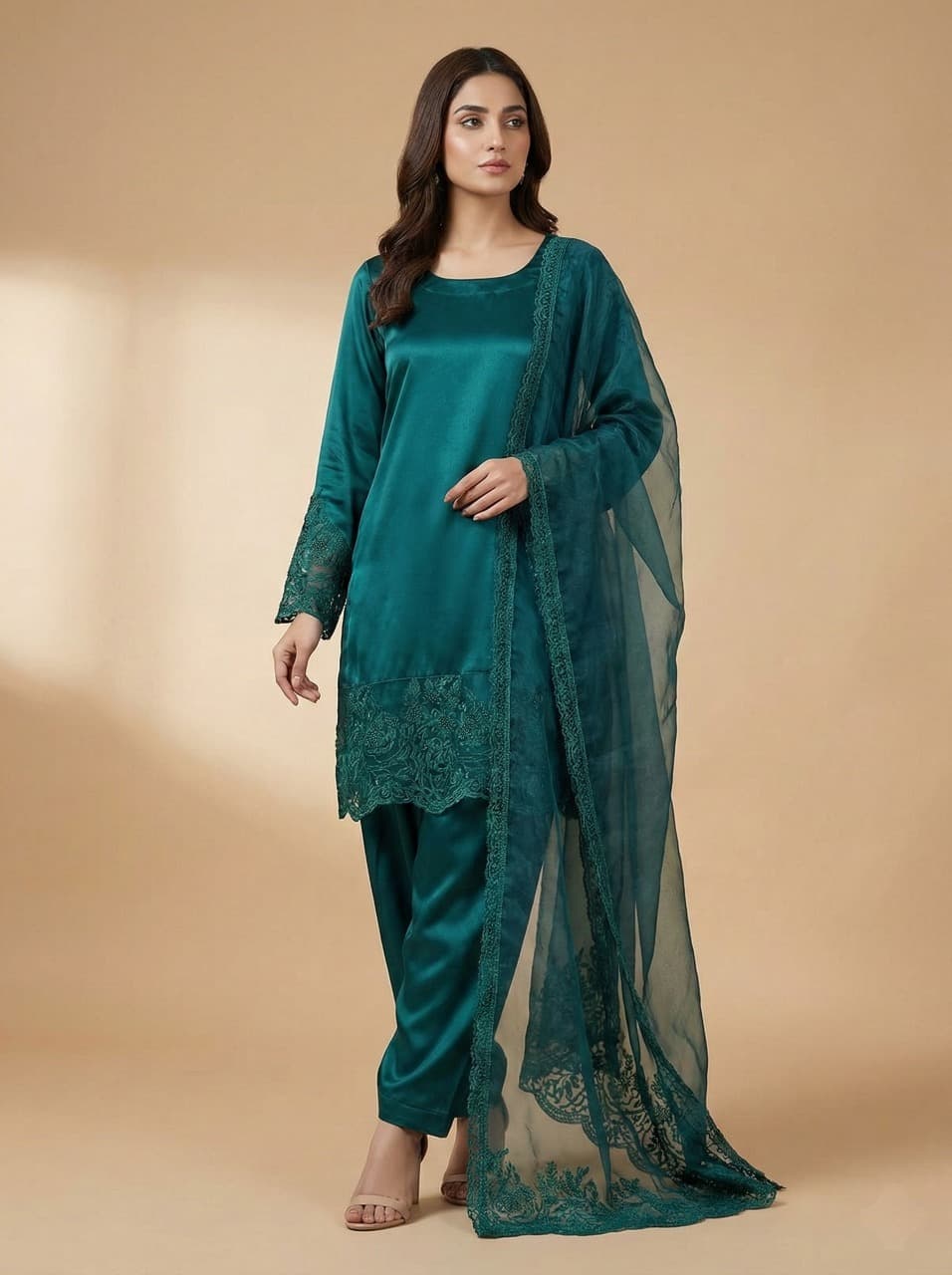 Teal Enchantment – 3-Piece Stitched Silk Suit with Intricate Lace Work