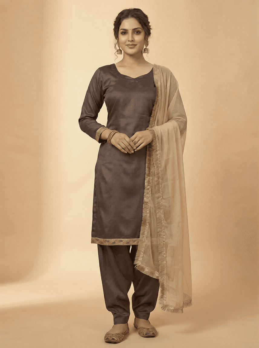 Cocoa Essence – 3-Piece Stitched Silk Suit with Contrast Organza