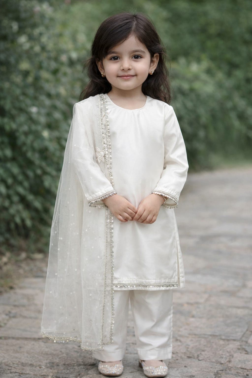 Ivory Grace – Kids' 3-Piece Stitched Silk Suit with Net Dupatta