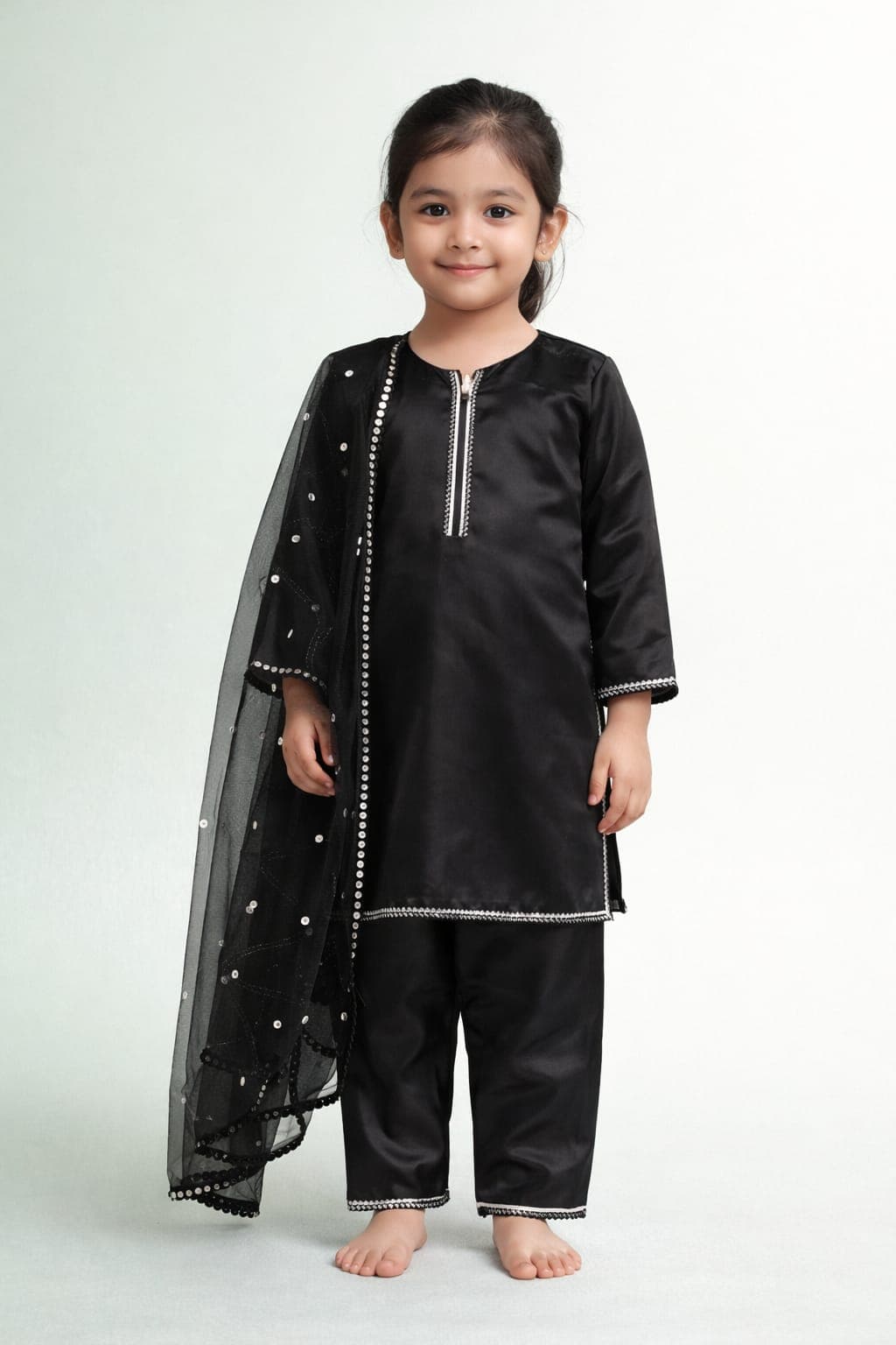 Midnight Onyx – Kids' 3-Piece Stitched Silk Suit with Silver Accents