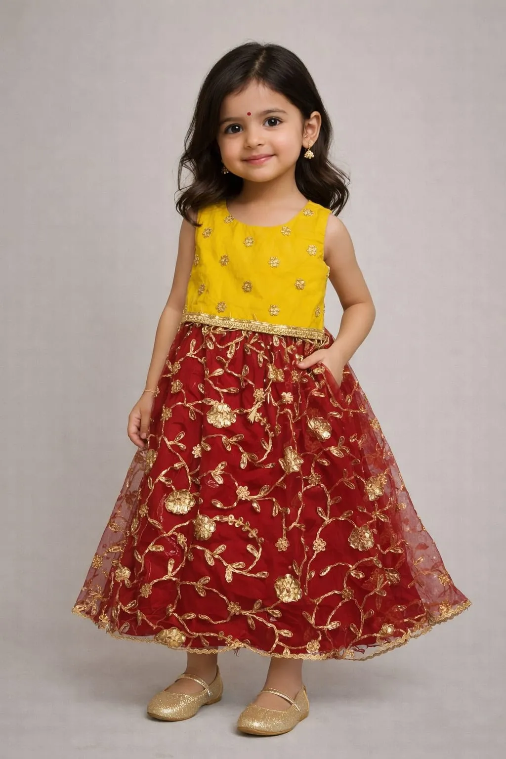 Marigold & Crimson – Kids' Dual-Tone Embroidered Festive Gown