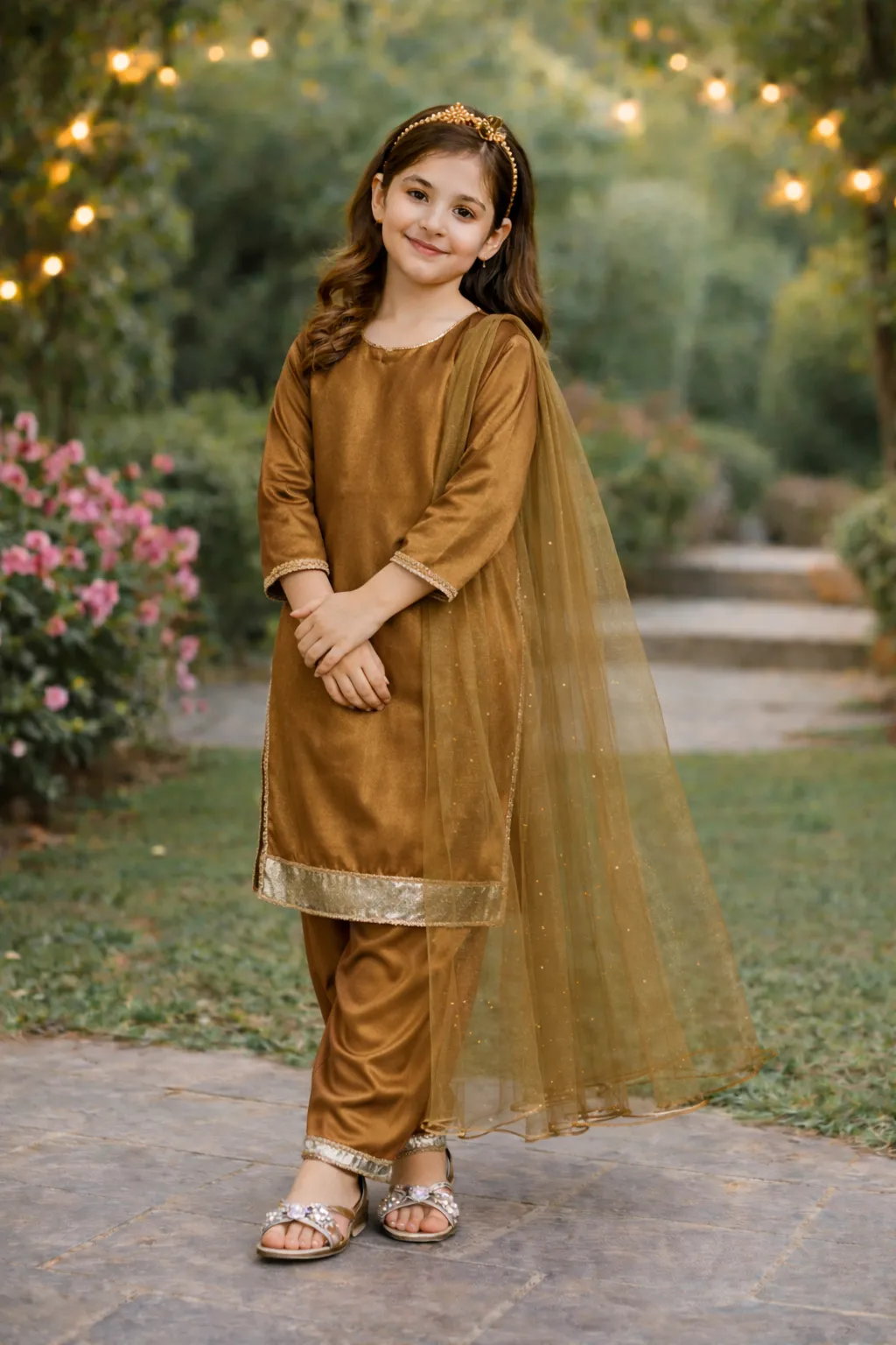 Amber Radiance – Kids' 3-Piece Stitched Silk Suit with Gold Foil Detailing