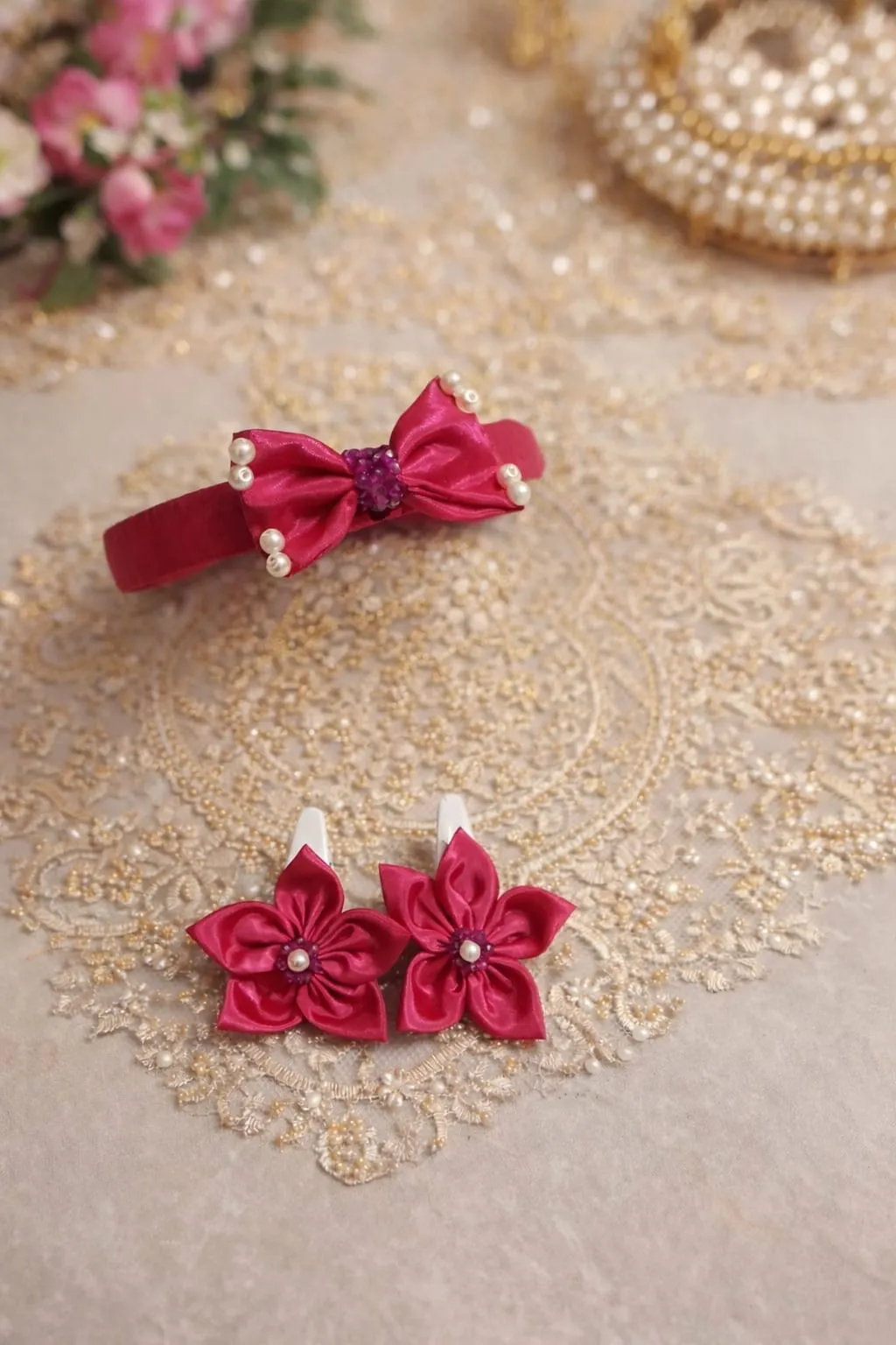 Pink Bloom – 3-Piece Handcrafted Silk Headband & Hair Clip Set